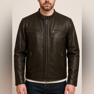 NEW. Men's Leather Jacket - Black olive